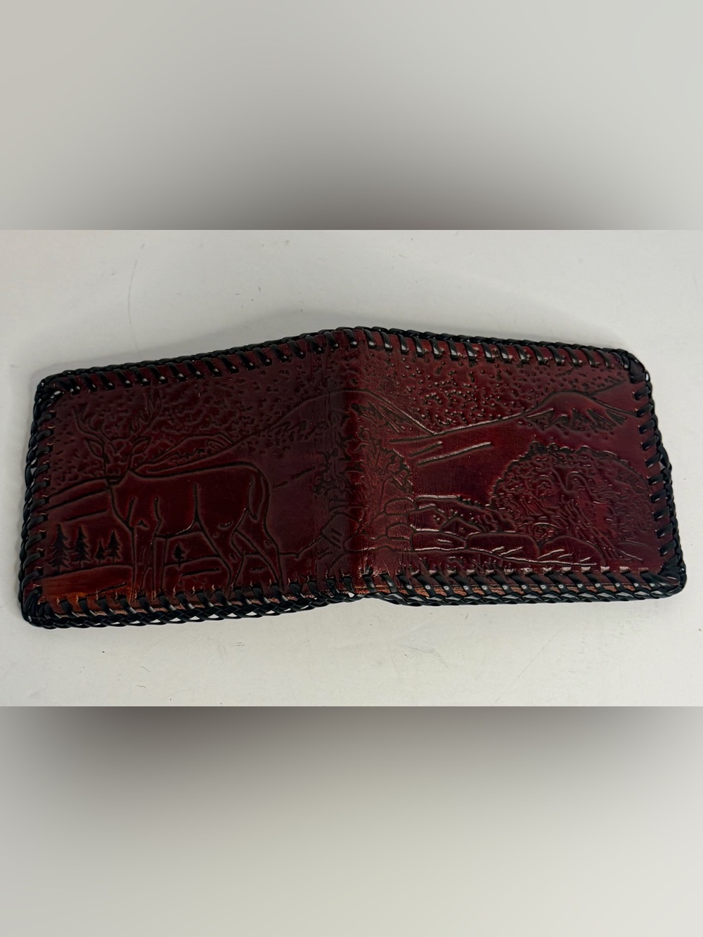 Vintage Tooled Leather Bifold Wallet Deer Eagle Mountain Western Hand Laced